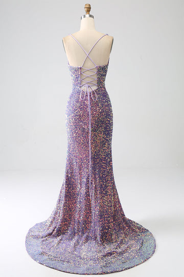 Sparkly Mermaid Light Purple Paillettes Prom Dress con fessura